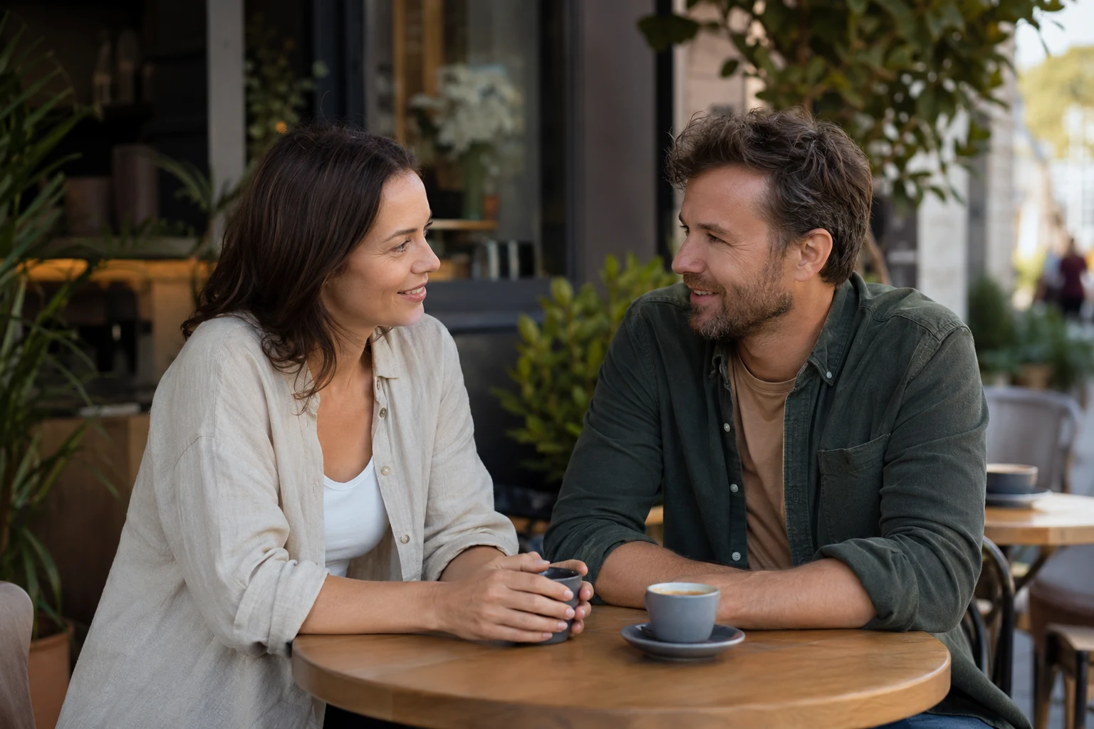 Mature couple enjoying coffee together outdoors, representing trust, companionship and meaningful conversation.