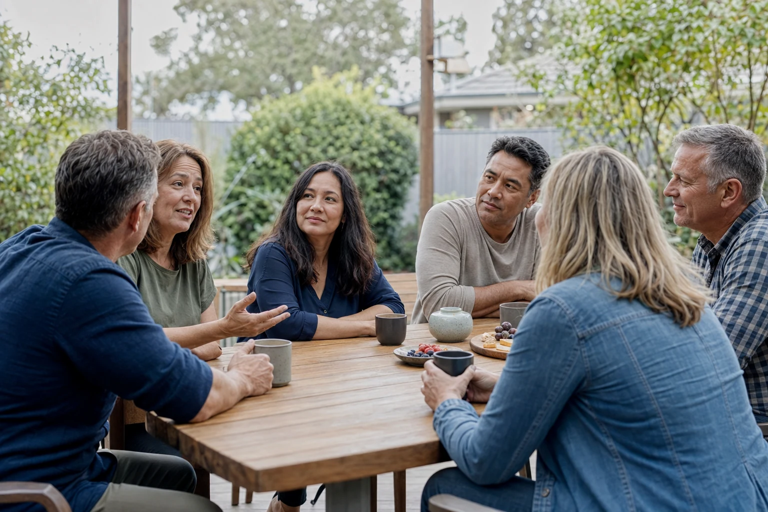 Four diverse community members enjoying coffee together, representing trust, respect, inclusion and meaningful community.