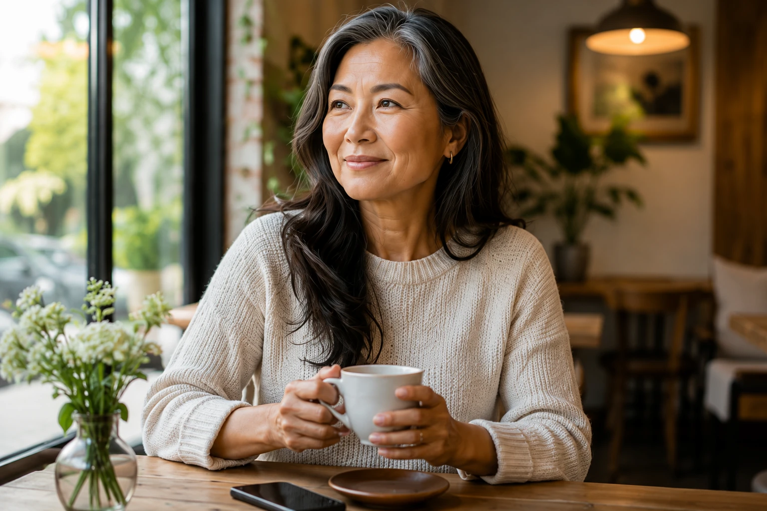 Confident mature woman relaxing in a cafe, representing safety, privacy and trust while using Netthub.